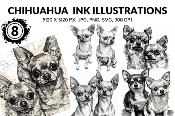 Chihuahua Cartoon Ink Illustrations