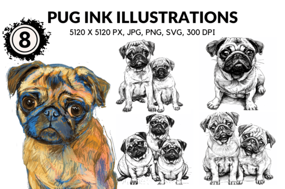 Pug Cartoon Ink Illustrations: Graphics for Crafters