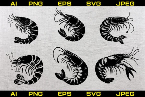 Shrimp Vector Silhouette Illustrations for Graphics & Crafts